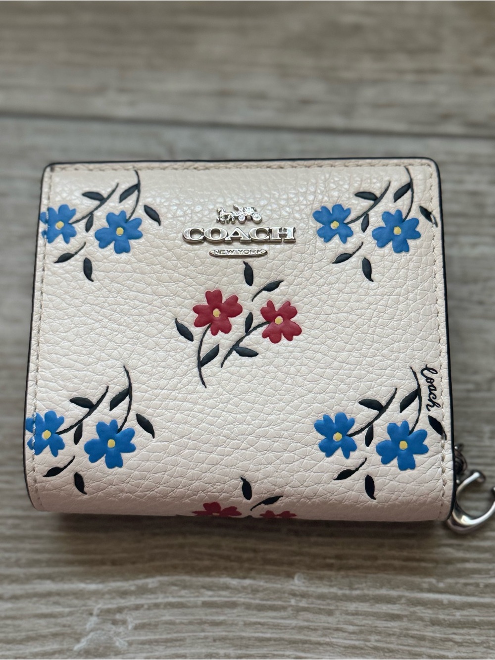 Coach Floral Pebbled Leather Wallet in Cream with Blue & Red Flowers